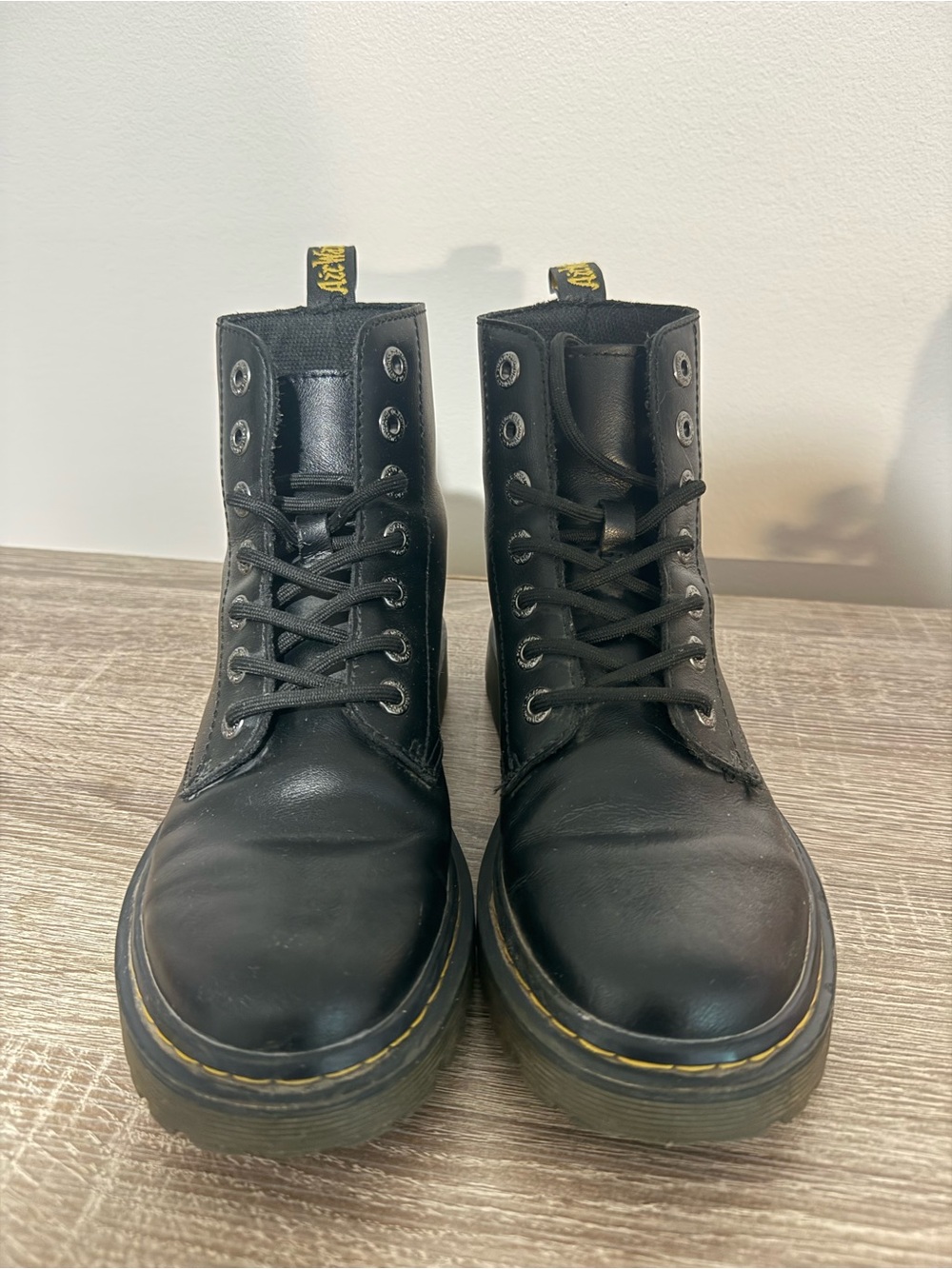 Dr. Martens Black Leather Lace-Up Combat Boots with Yellow Stitching